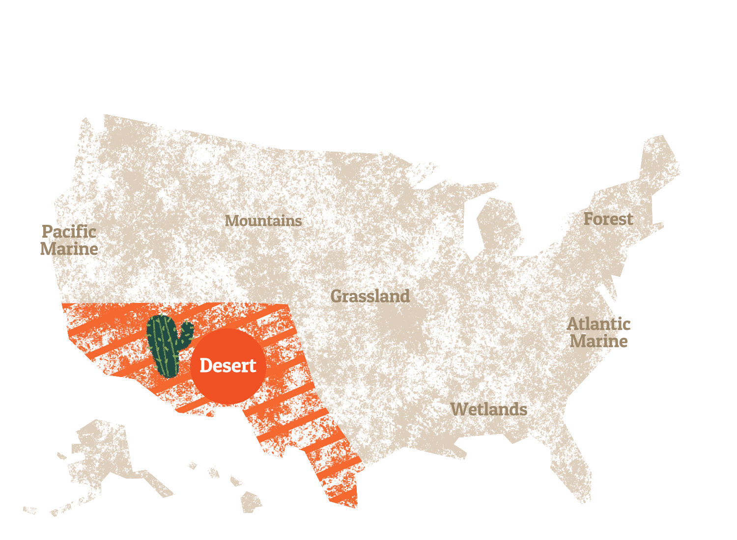 A graphic map of the United States, highlighting the Desert.
