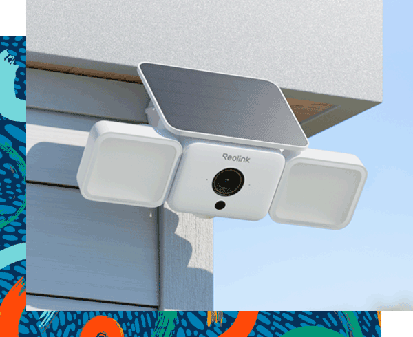 A white Reolink security camera with a solar panel mounted to the exterior corner of a white building.