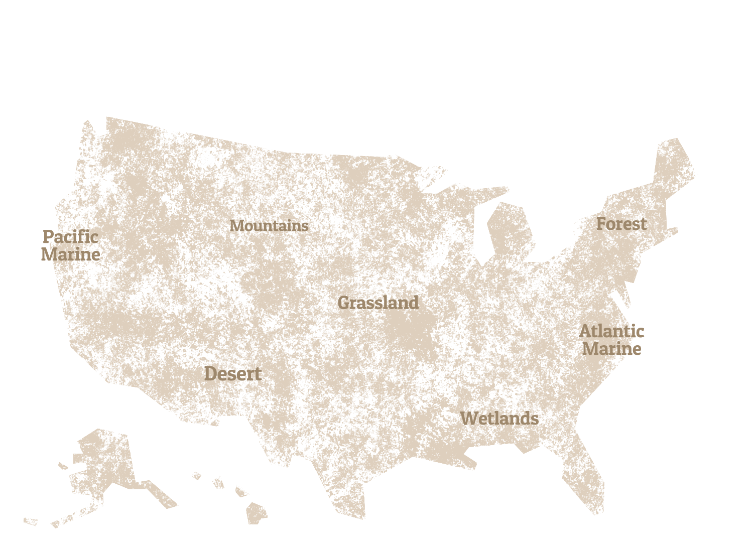 A graphic map of the United States, noting the Atlantic Marine, Forest, Wetlands, Grassland, Mountains, Desert, and Pacific Marine.
